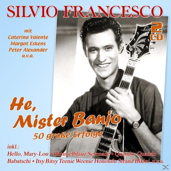 Albumcover im Vintage-Stil. Ein Mann mit Gitarre lächelt. Text He, Mister Banjo und Künstlername.