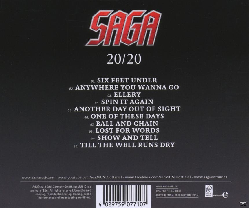 Die Rückseite einer SAGA Musik-CD. Sie listet die Titelliste auf und hat verschiedene Logos und Text.