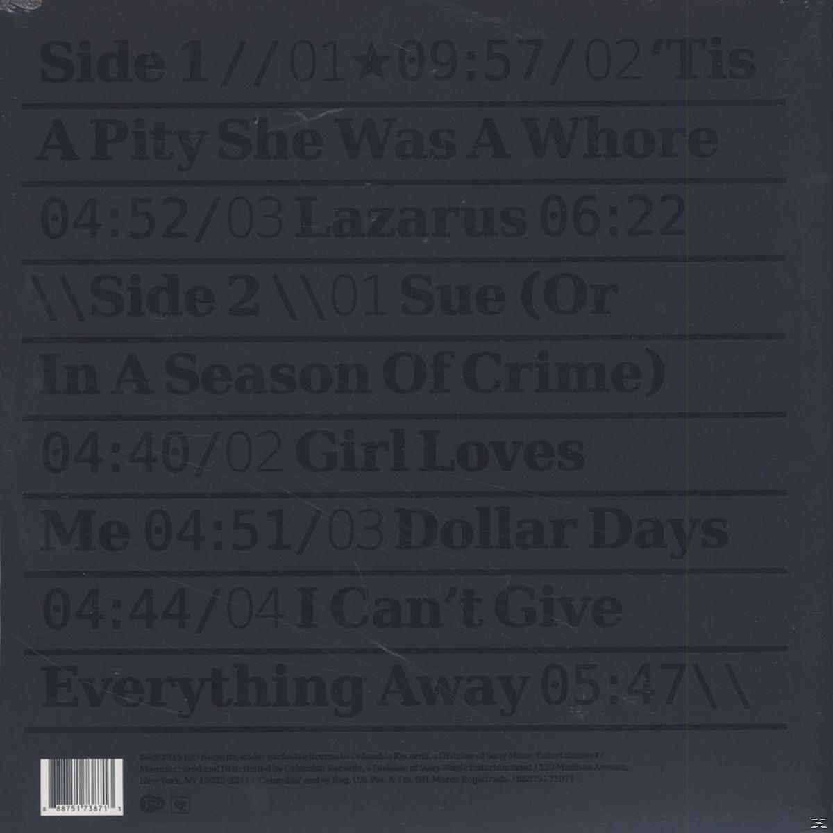 Achterkant van het album met een lijst met nummers in witte tekst op een zwarte achtergrond.