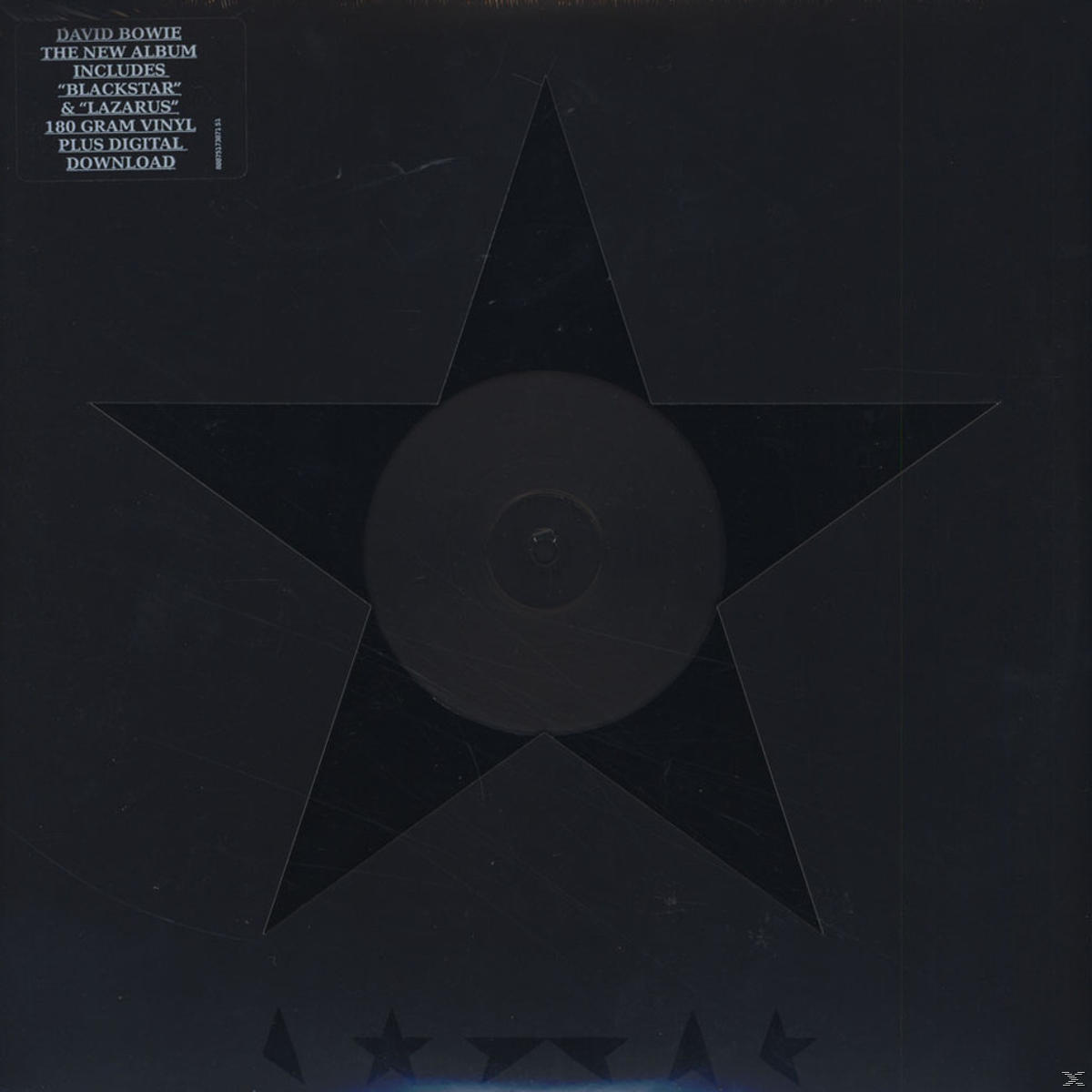 Albumhoes: Zwarte achtergrond met een grote zwarte ster. David Bowie en albumdetails staan bovenaan.