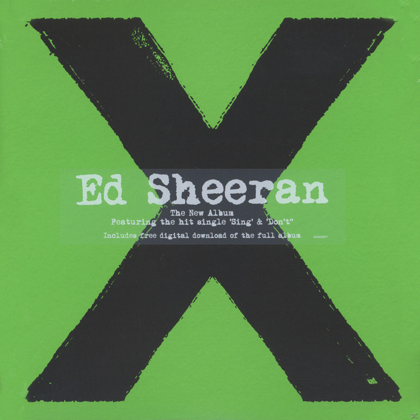 Albumborító nagy fekete 'X'-szel zöld háttéren, 'Ed Sheeran'-nel és album részletekkel.