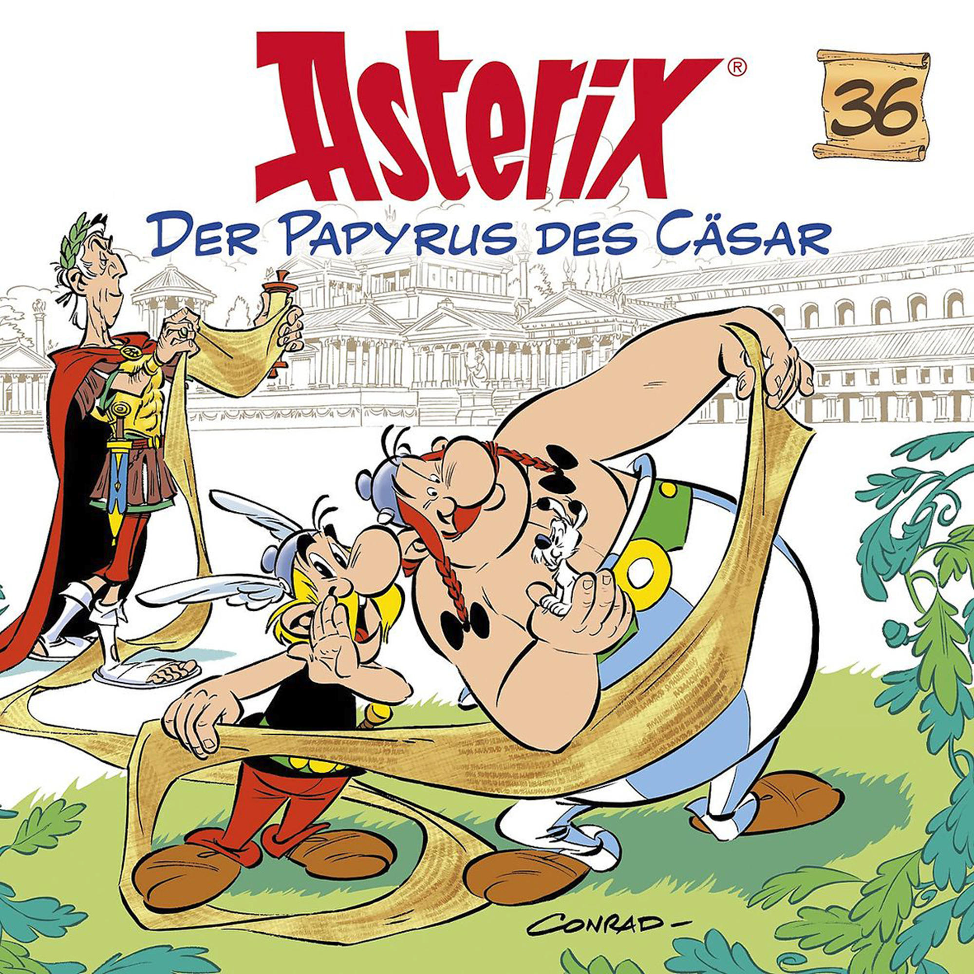 Asterix-Comic-Cover. Asterix, Obelix und ein Römer stehen vor einem Gebäude mit dem Text: Der Papyrus des Cäsar.