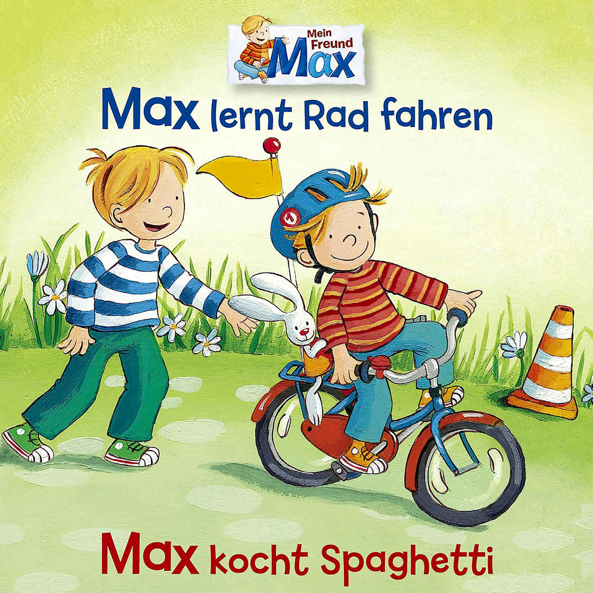 Ein Kinderbuchcover mit zwei Kindern, eines fährt Fahrrad. Text: Max lernt Rad fahren, Max kocht Spaghetti.