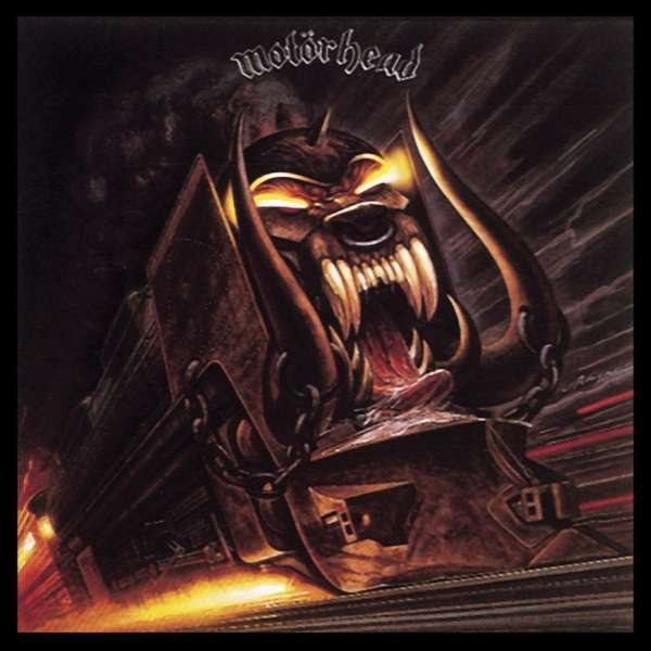 Album borító: Motorhead, egy démoni arc a vonaton, fekete háttérrel.