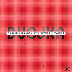 Roter Hintergrund mit Pixeln; Schwarz-weiße Schrift 'DUHA DAMIR IMAMOVIĆ'S SEVDAH TAKHT'.