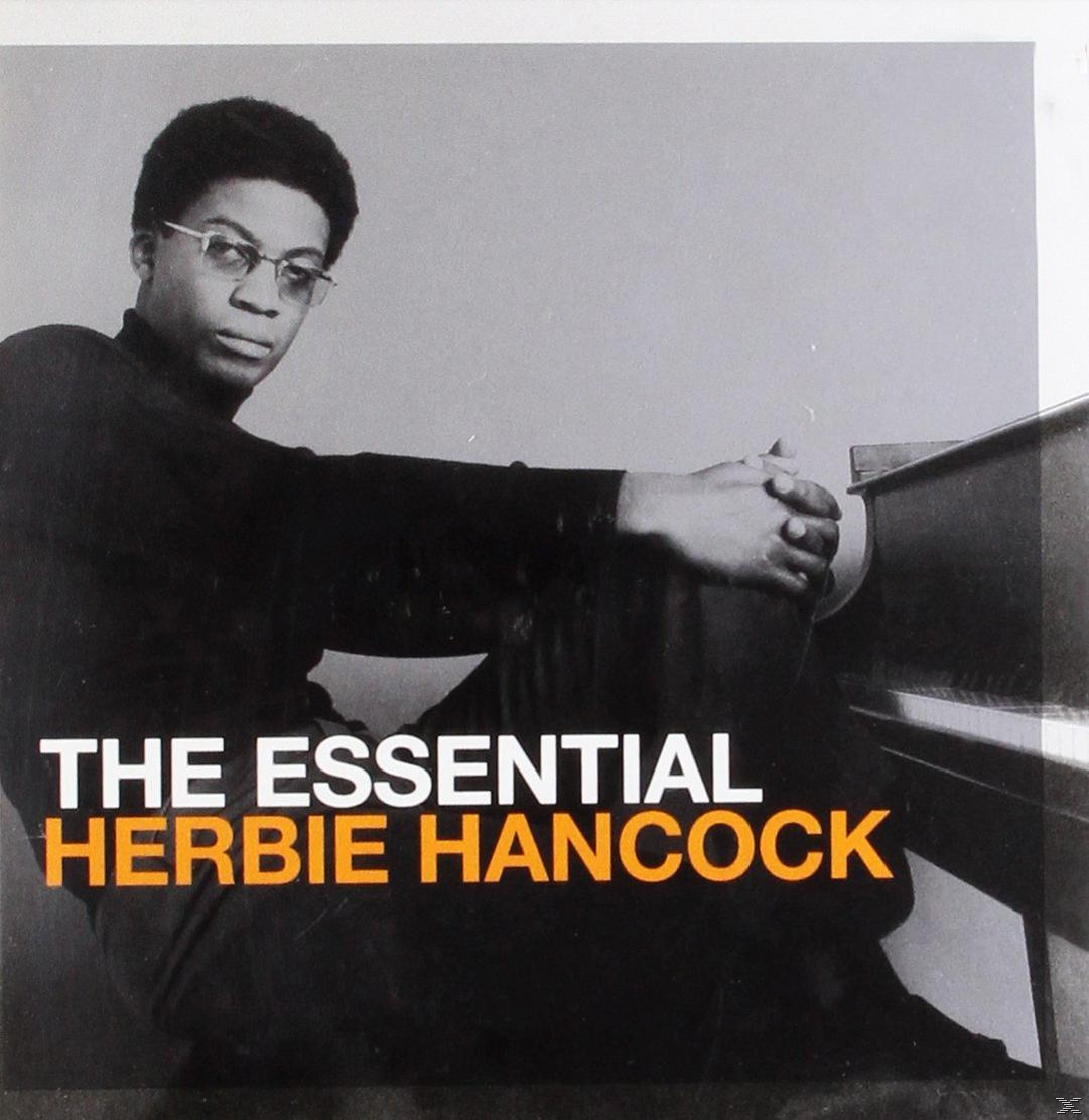 Albumcover: Schwarzweißfoto eines Mannes mit Brille am Klavier. Text: The Essential Herbie Hancock.