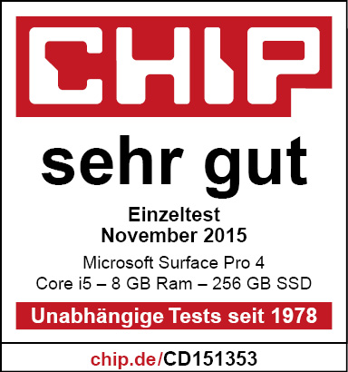 CHIP Bewertung. Microsoft Surface Pro 4, Bewertung 'sehr gut', Einzeltest, November 2015.