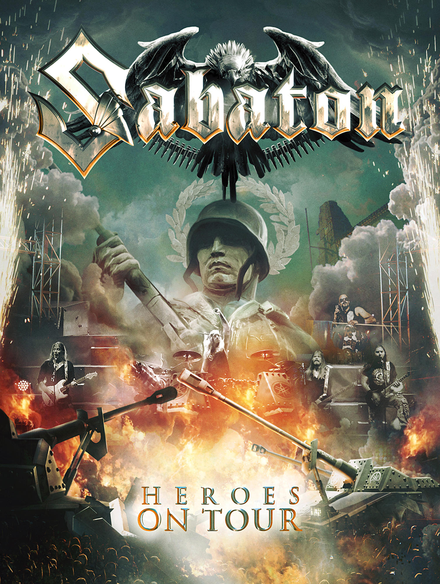 Poster von Sabatons 'Heroes on Tour' mit Bandmitgliedern und einem kriegsbezogenen Hintergrund.