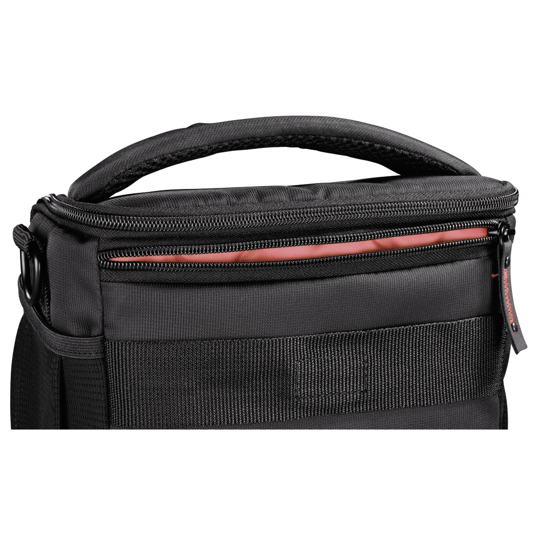 Black camera bag, zipped, with red lining visible. A black strap is on the side.
