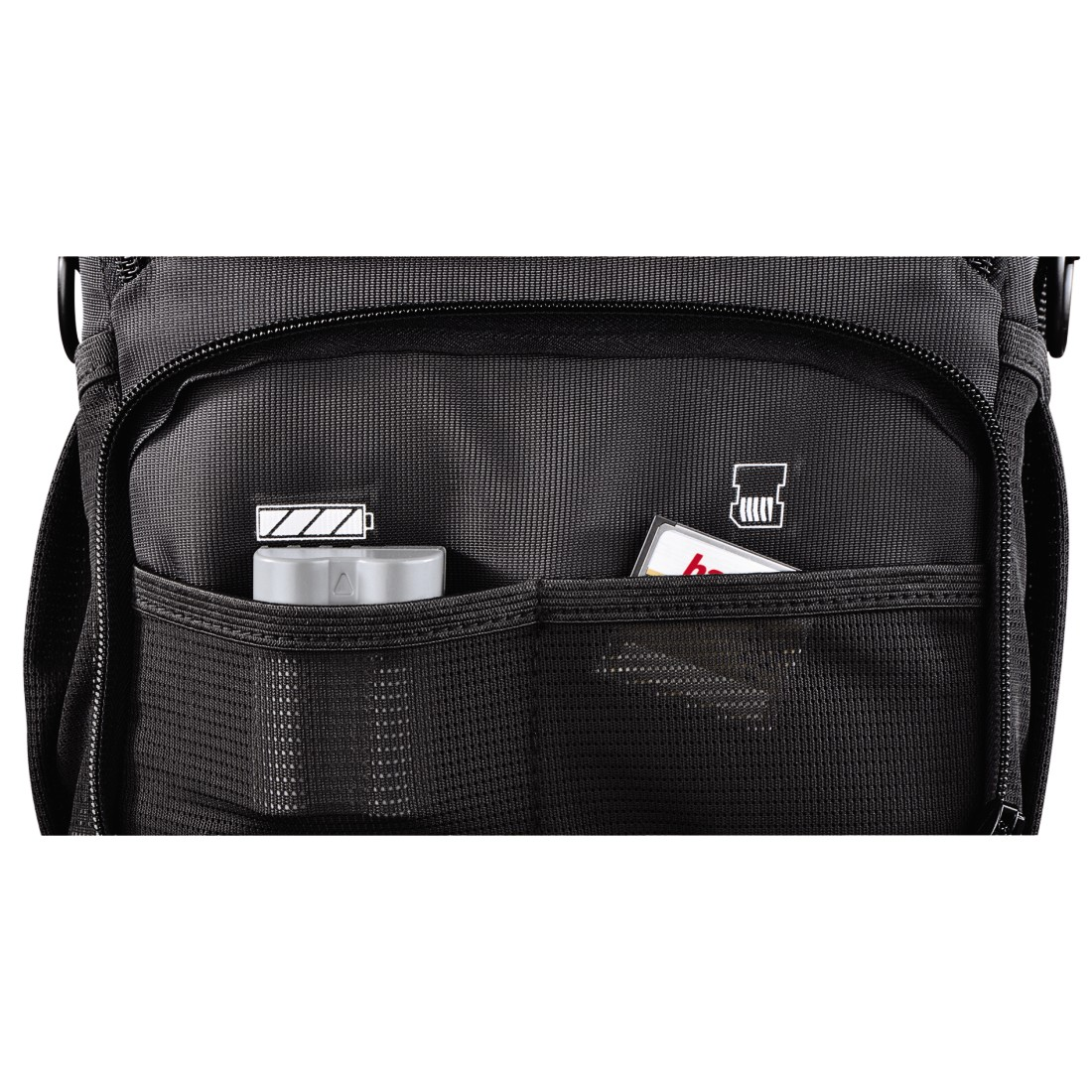 A black backpack pocket with a battery icon, a gray bottle, and a card.