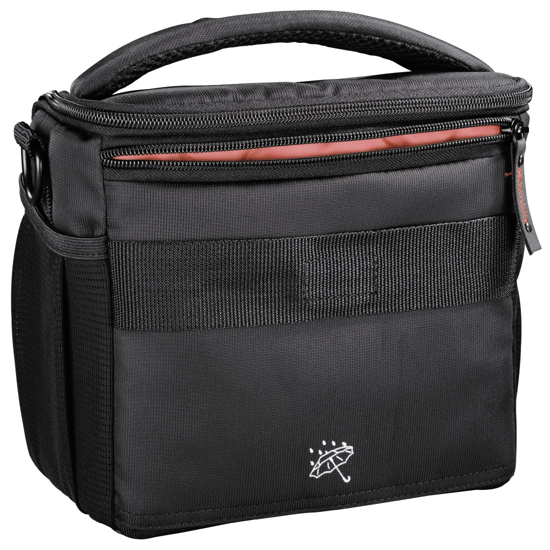 Black camera bag with handle, shoulder strap, and an umbrella logo. It has a red interior.