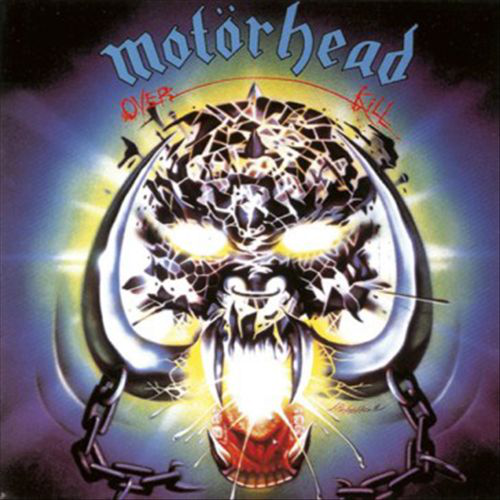 Motörhead album borító. Koponya láncokkal. Overkill szöveg.