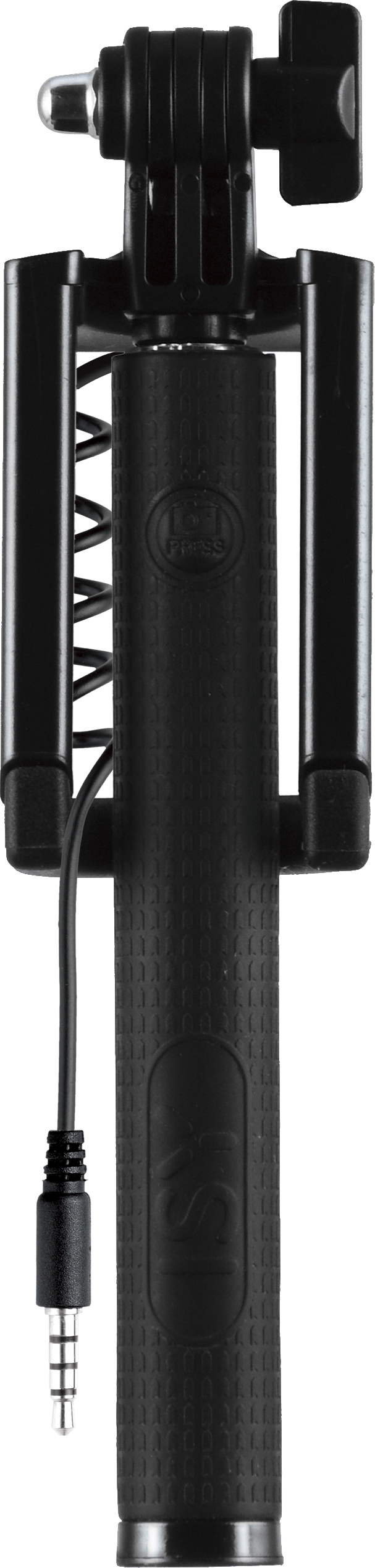 Zwarte selfiestick met een telefoonhouder en een kabel met een 3,5 mm-jack. Handvat heeft een getextureerde grip.
