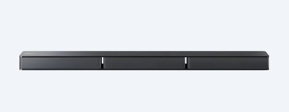 Schwarze Soundbar auf weißem Hintergrund.