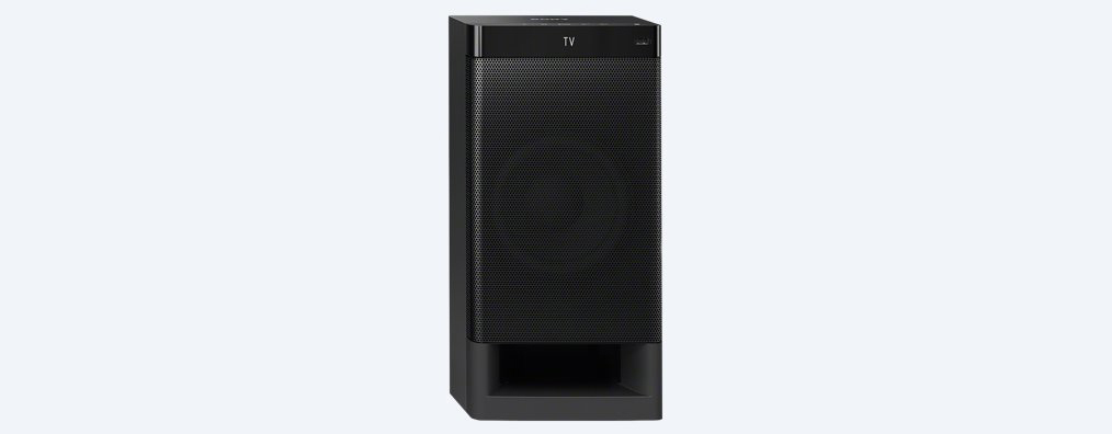 Schwarze Sony Soundbar, hoch und rechteckig, auf weißem Hintergrund. Oben steht "TV".