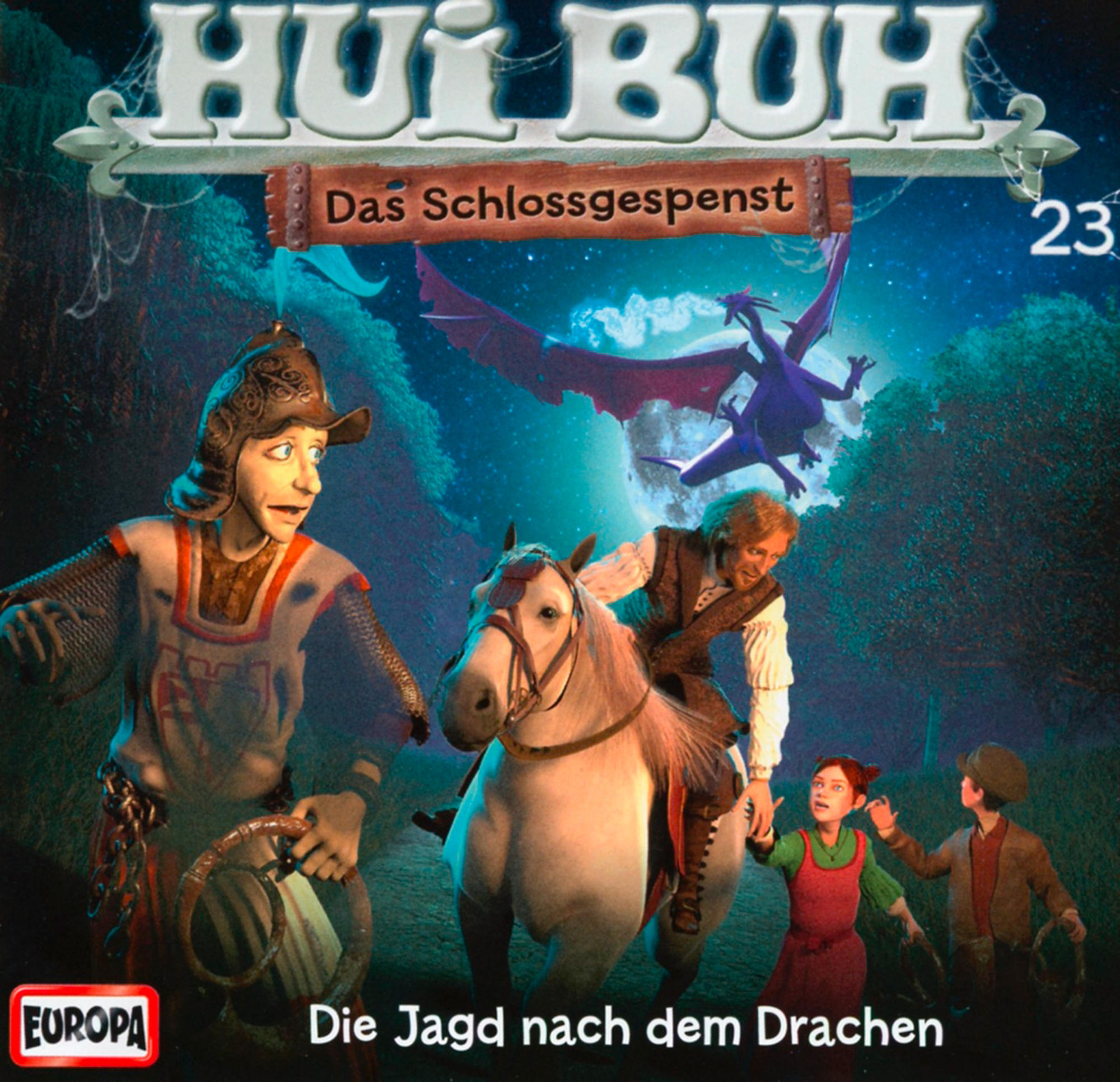 DVD-Cover eines Cartoons, der Charaktere in einem Wald mit einem Drachen zeigt.
