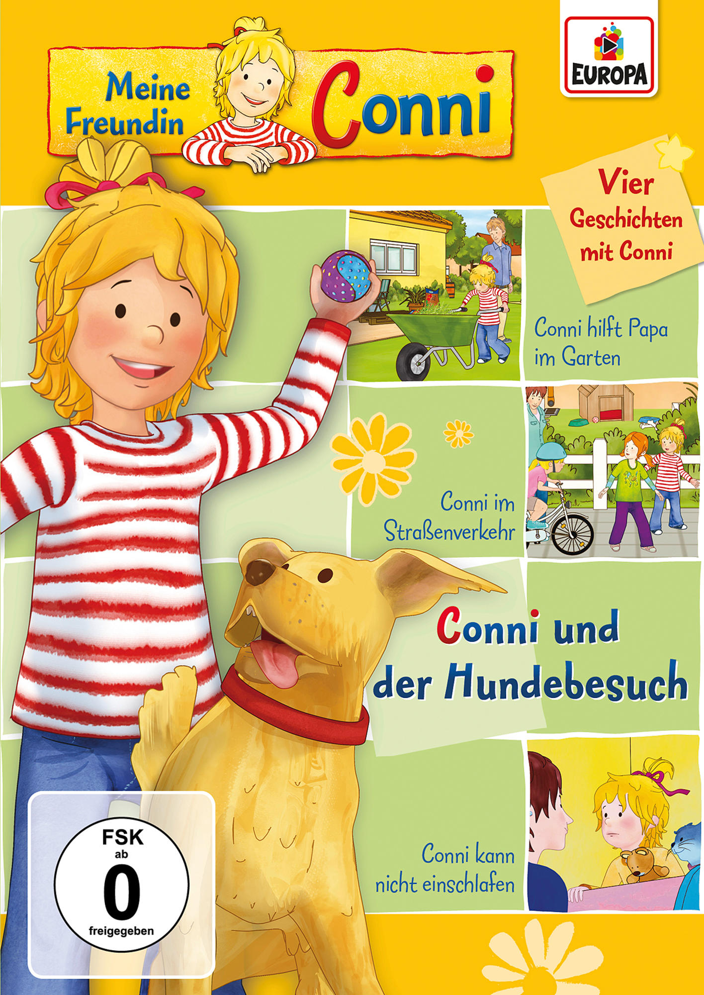 DVD-Cover, Cartoon eines Mädchens und Hundes, mit mehreren Szenen aus einer Kindergeschichte.