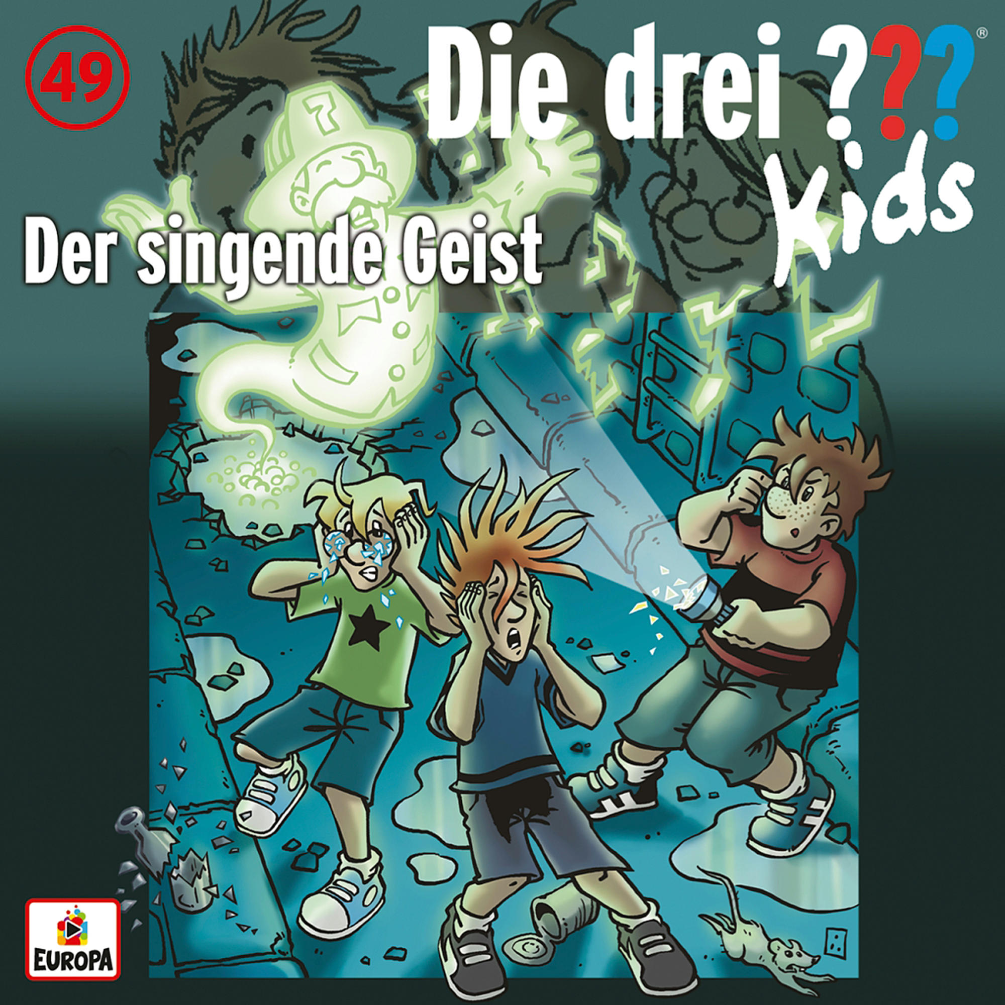 Cartoon-Cover mit 3 Kindern, die sich vor einem grünen Geist erschrecken, und Text.