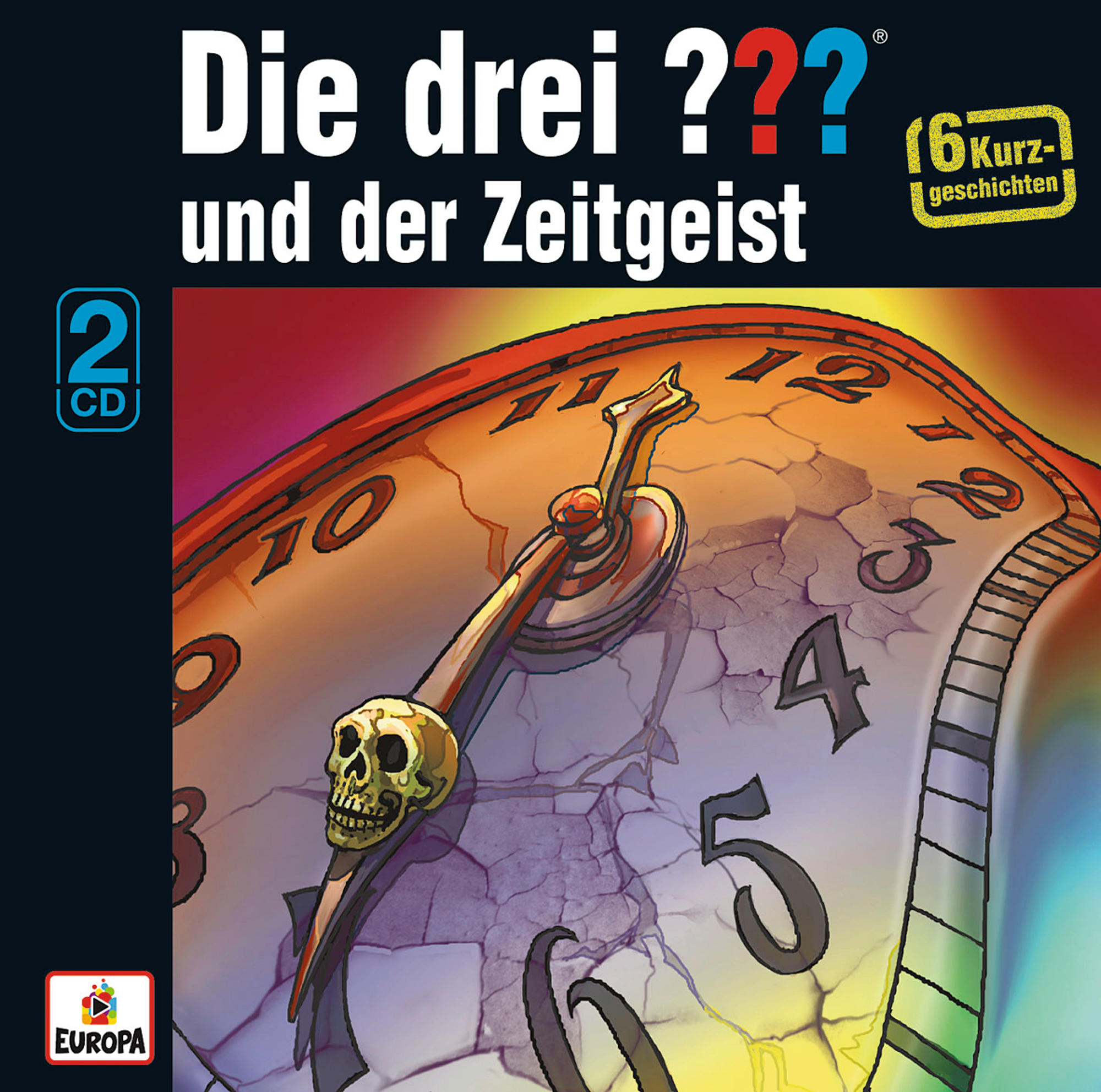 CD-Cover mit schmelzender Uhr, Totenkopf und Text auf Deutsch.