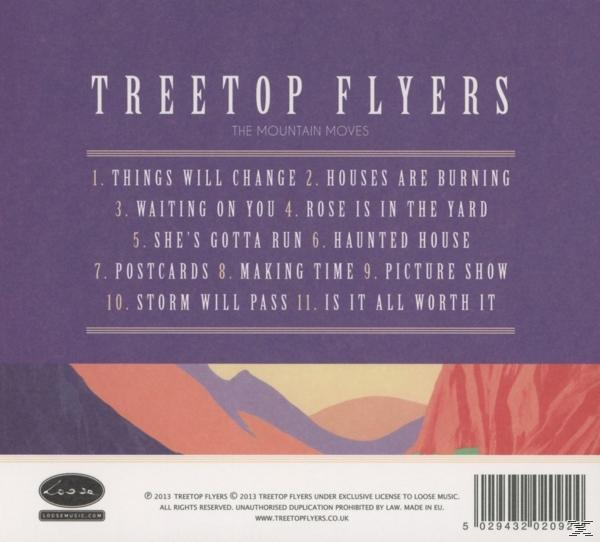 Album-Rückseite mit Titelliste und Bandname 'Treetop Flyers', lila Hintergrund.