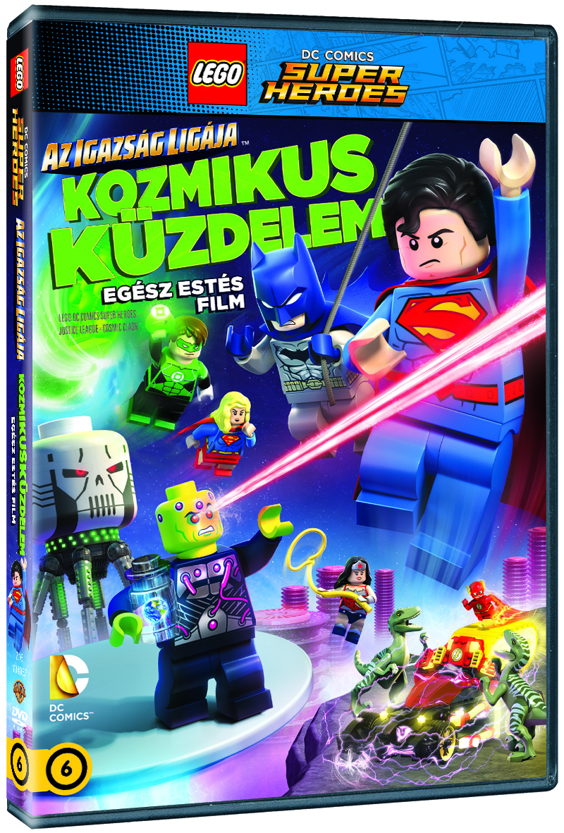 LEGO DC Comics Super Heroes DVD borító. Superman, Batman és más hősök Lego figurái.