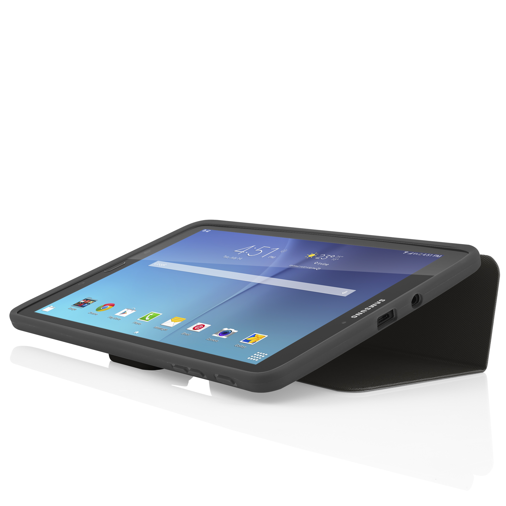 Tablet in a black case, tilted on a surface, with the screen visible. Displays a time.