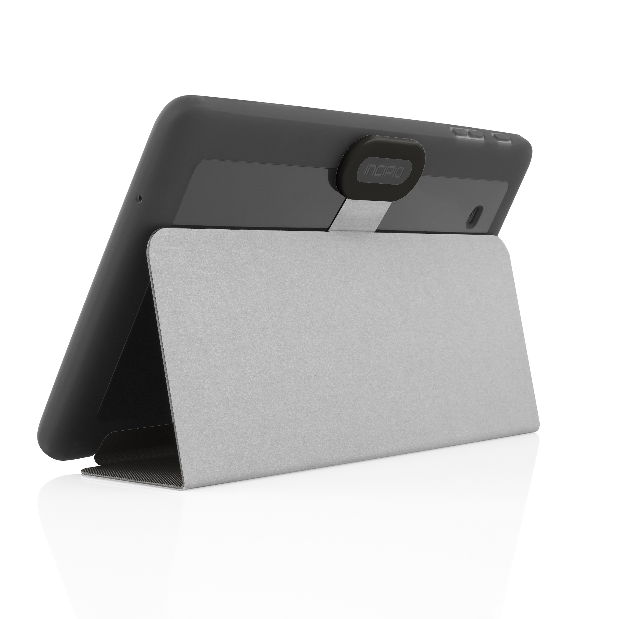 A tablet in a case, standing upright. The case is silver and black.