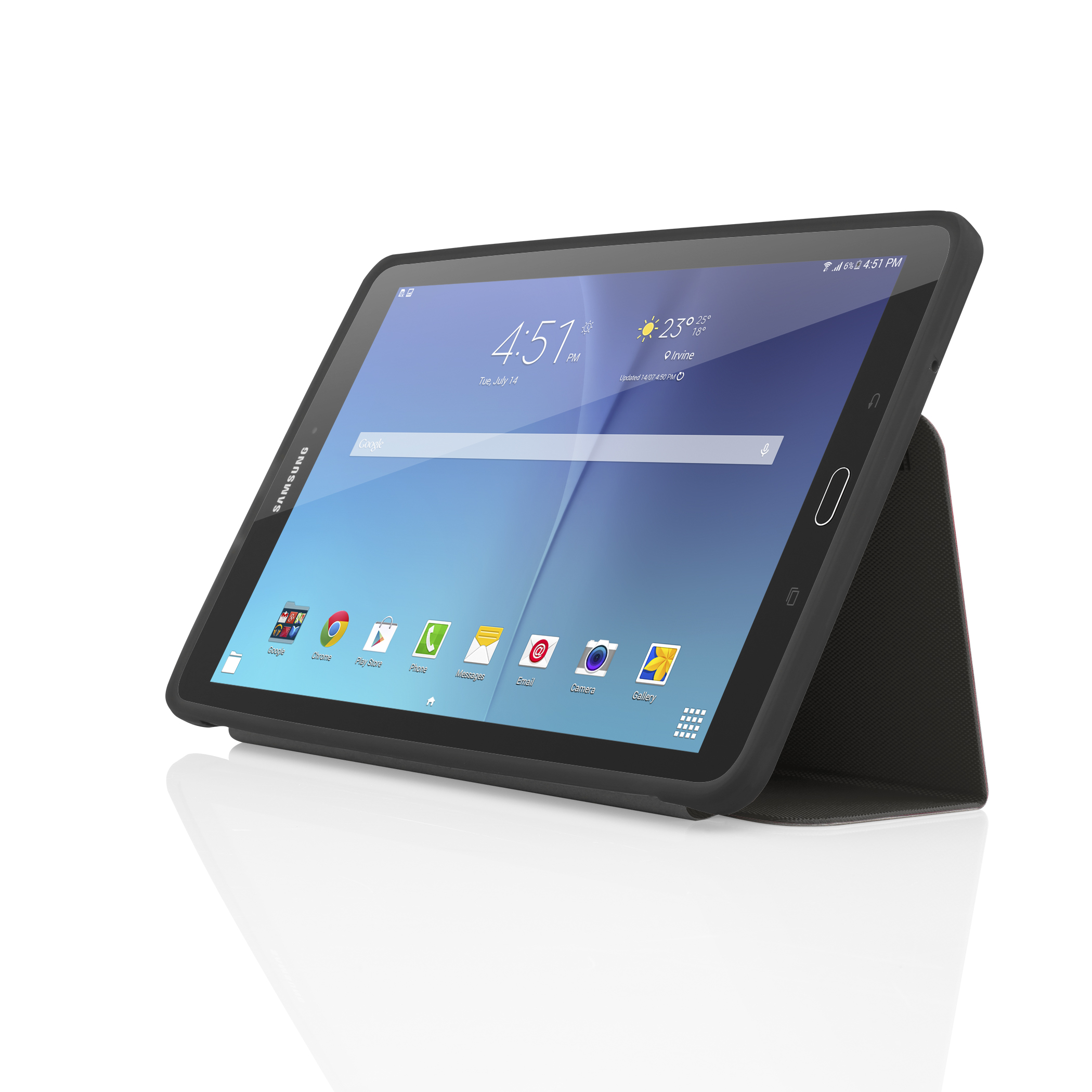 A black tablet with a screen displaying an interface, propped in a black case on a white surface.