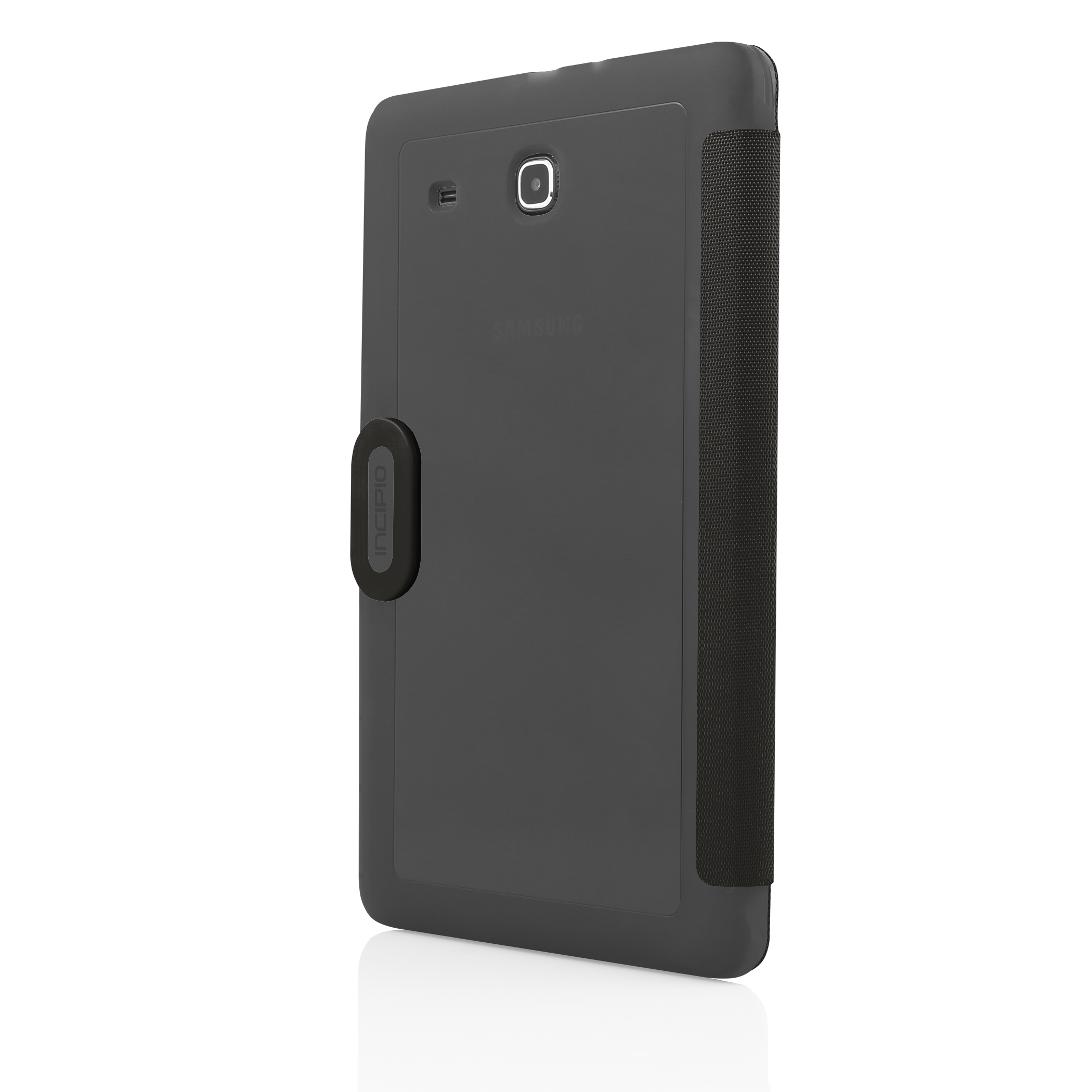 Black tablet with a black case that has a flap on the right side with a black button.