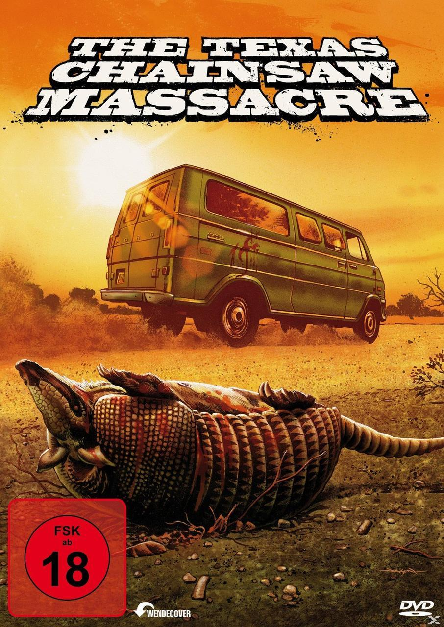 DVD-Cover: 'The Texas Chainsaw Massacre'. Ein Van, ein Gürteltier und eine rote '18'-Bewertung.