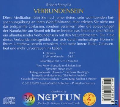 CD-Cover auf Deutsch. Text enthält 'VerbundenSein', Meditationsdetails, Credits und das Neptune-Logo.