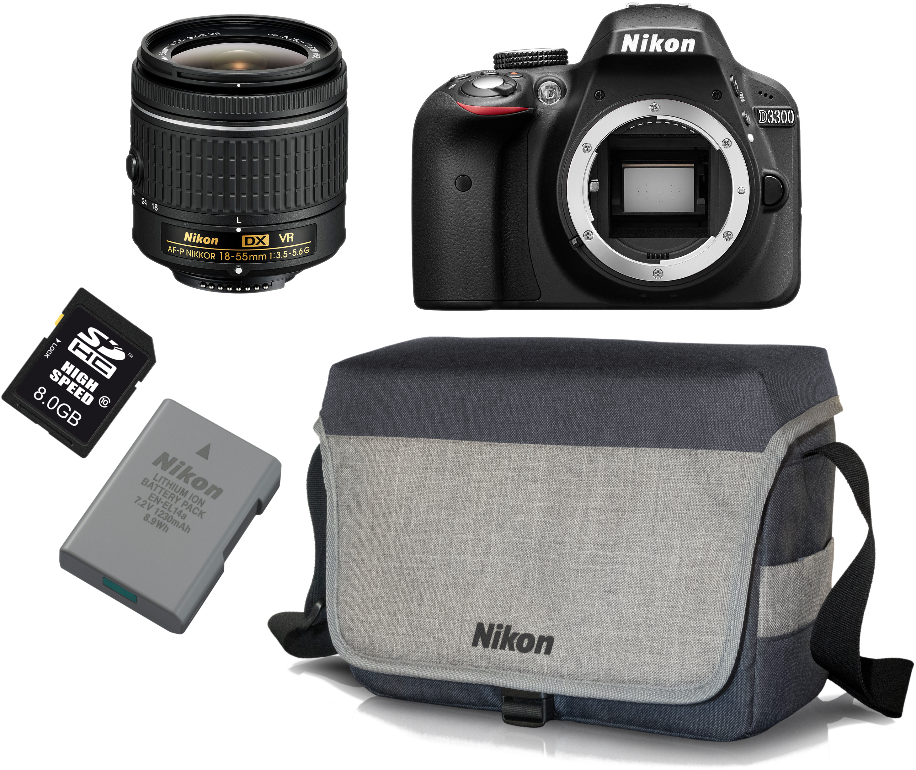 NIKON D3300 inkl. Objektiv AF-P VR DX 18-55mm + 2. Akku + Nikon Tasche + Speicherkarte