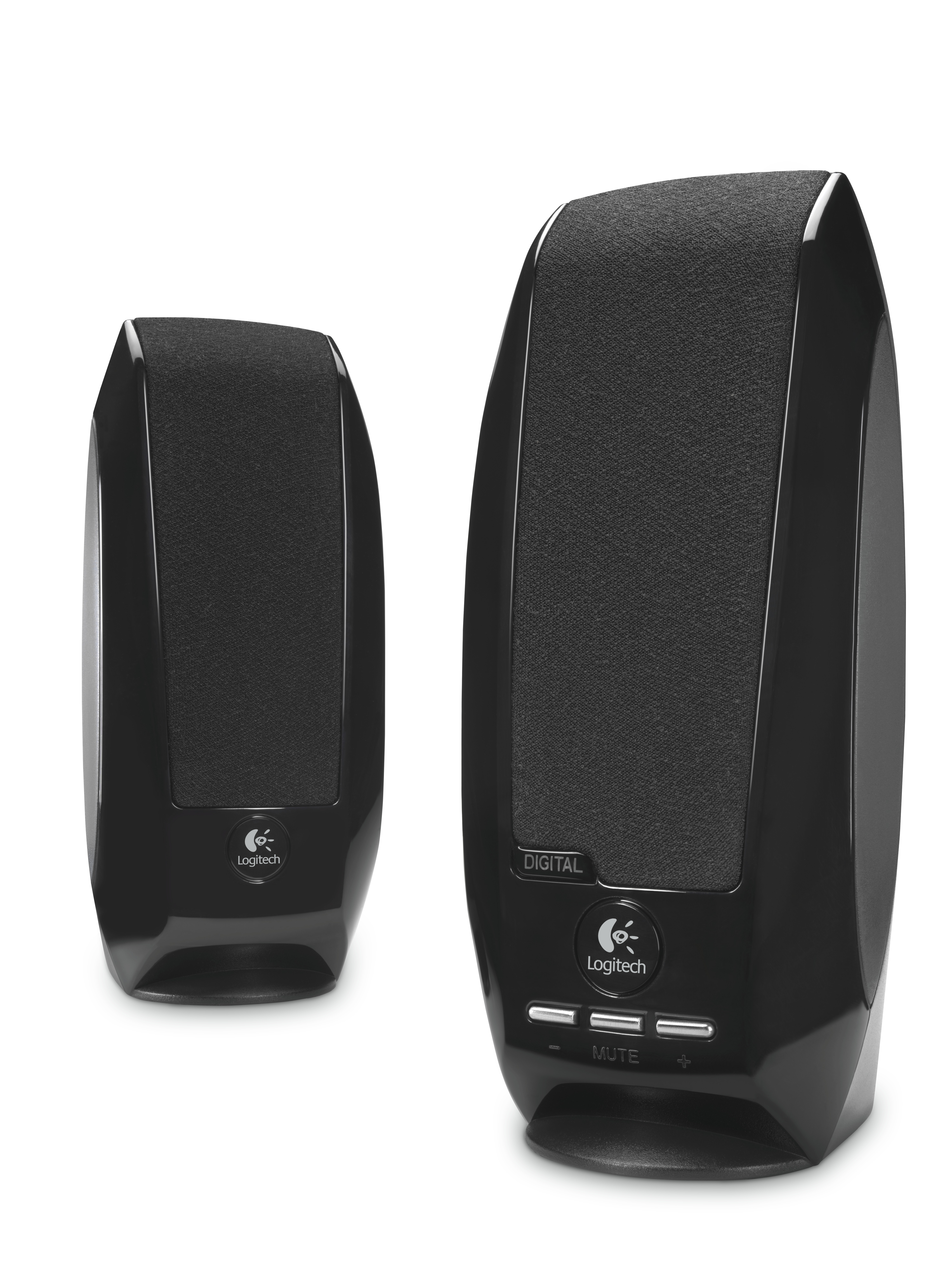 Two black Logitech speakers. The left one is smaller than the right one. Both have a black mesh.