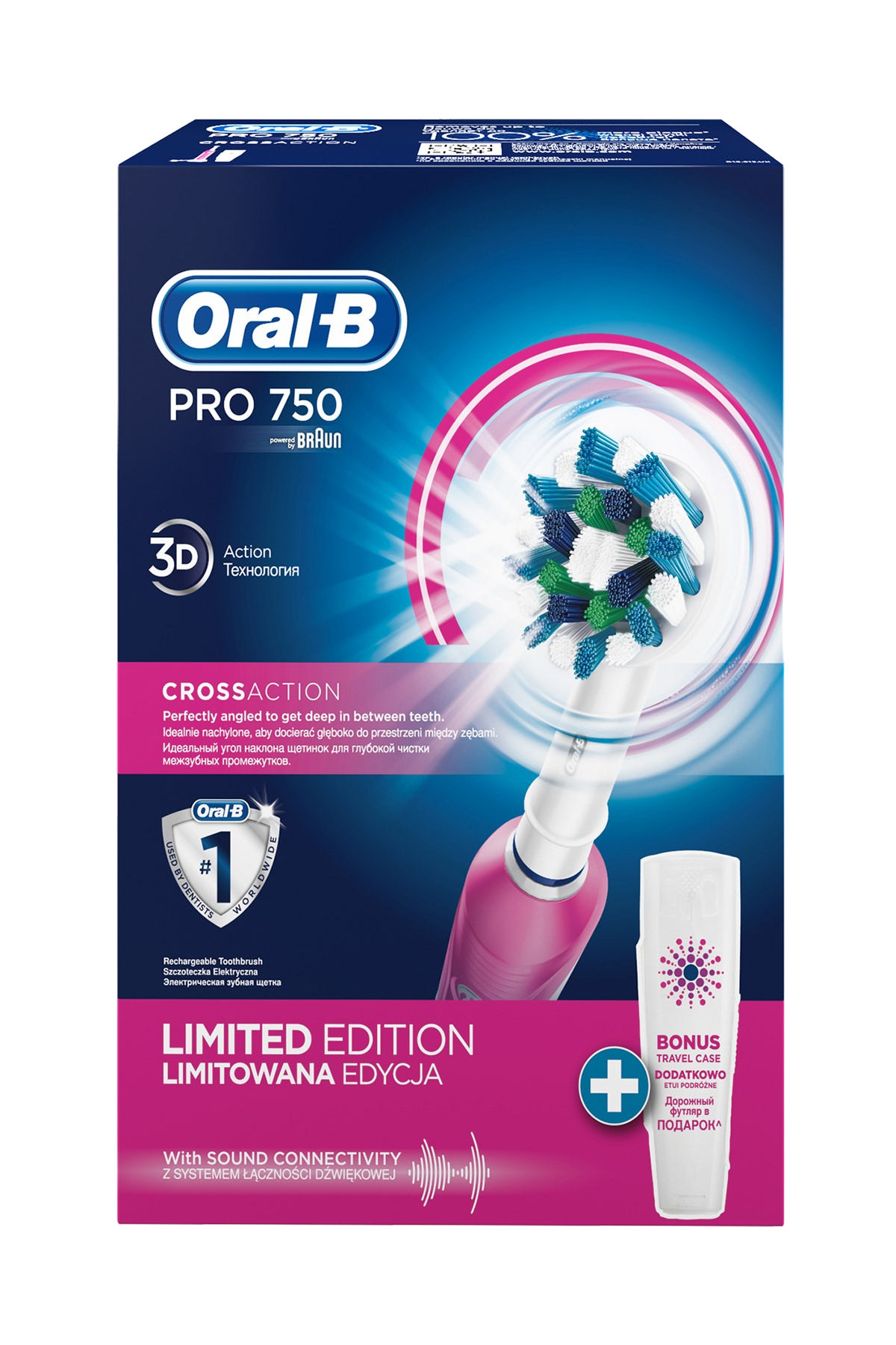 Pembe Oral-B diş fırçası kutusu, 3D CrossAction fırça başlığı ve seyahat çantası.