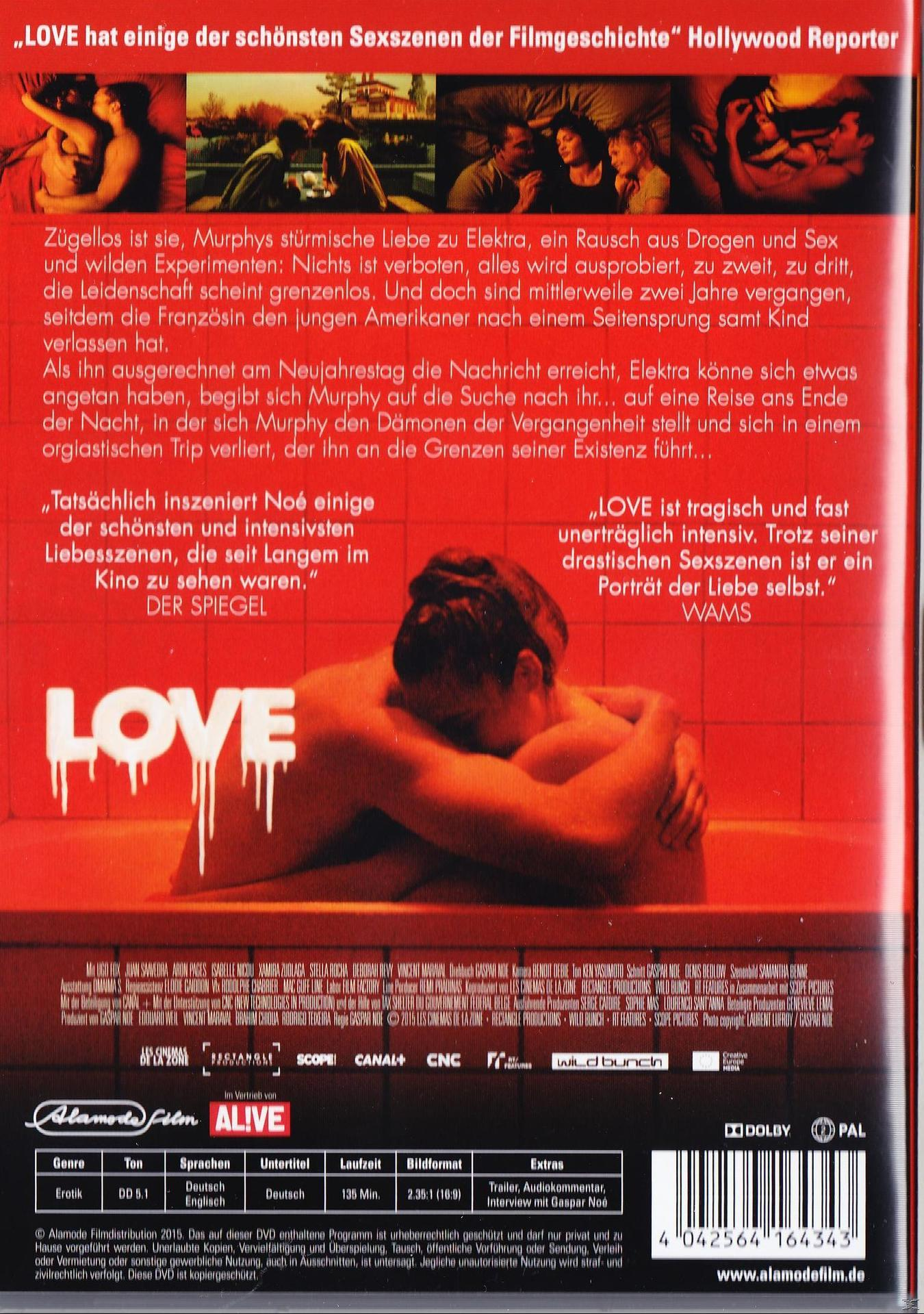 DVD-Cover für den Film 'LOVE'. Eine Frau sitzt in einer Badewanne. Text ist auf Deutsch.