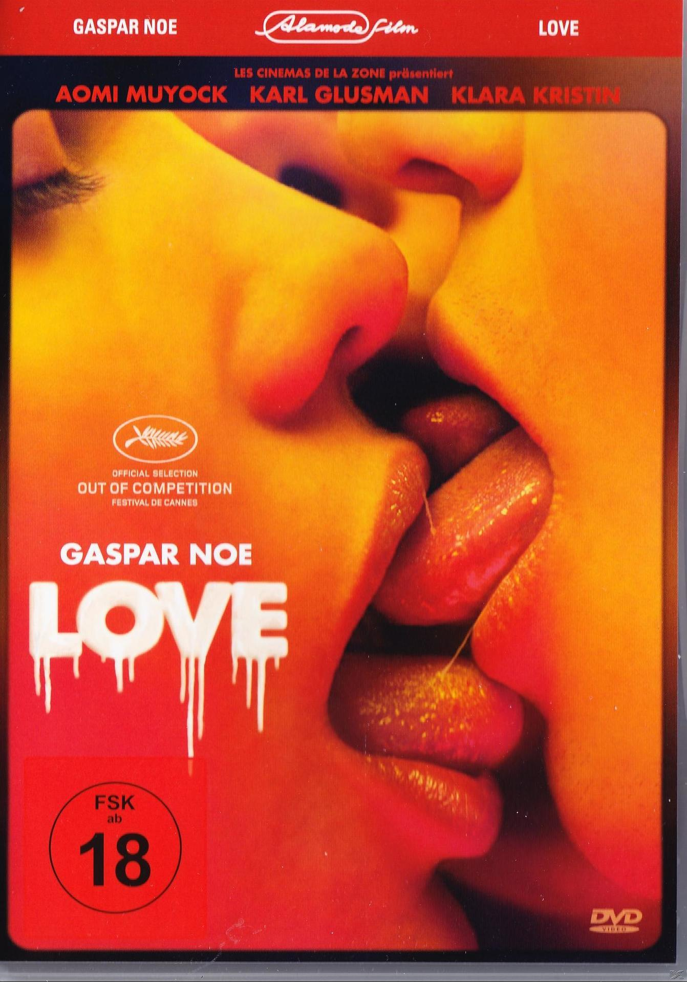 DVD-Cover: Filmtitel LOVE, mit Nahaufnahme von Lippen, die sich küssen. Roter Hintergrund, FSK 18.