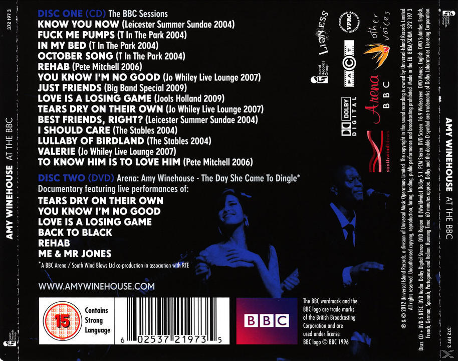 CD-Cover für Amy Winehouse at the BBC. Titellisten und Künstlername.