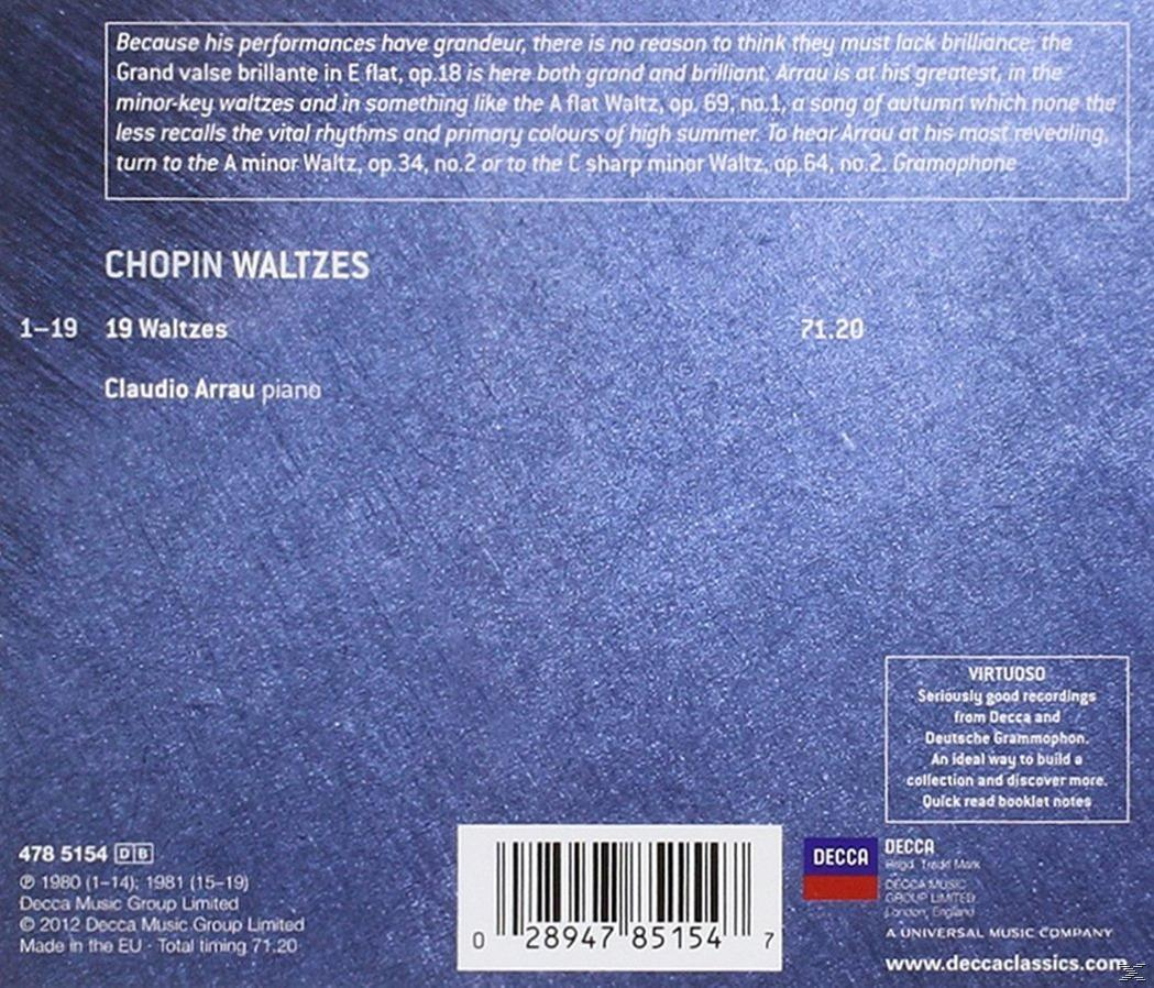 Albumcover: Chopin Waltzes von Claudio Arrau. Text und ein Barcode sind sichtbar, mit einem Vintage-Look.
