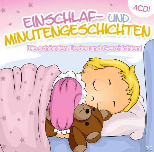 Zeichentrickbaby schläft mit Teddybär. Rosa Decke und Sterne sind sichtbar.