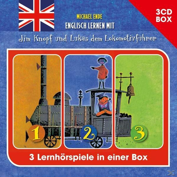 Buchcover: Jim Knopf Zugillustration. Text auf Englisch und Deutsch. Union Jack in der Ecke.
