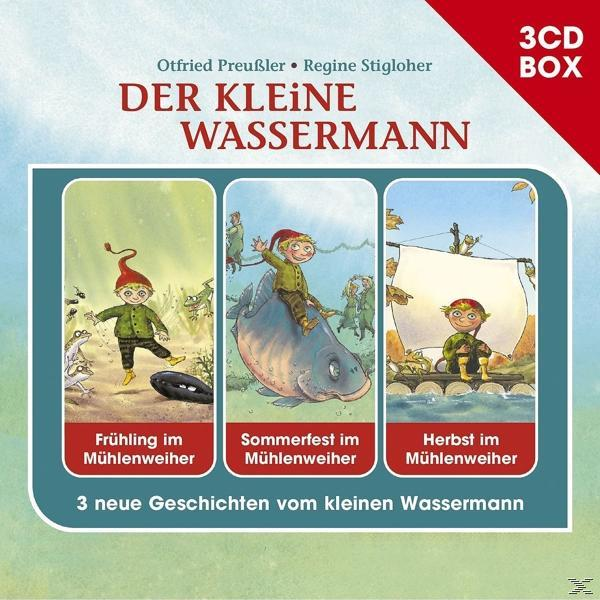 Buchcover für 'Der Kleine Wassermann'. Drei Tafeln mit Illustrationen und Text. Der Hintergrund ist türkis.