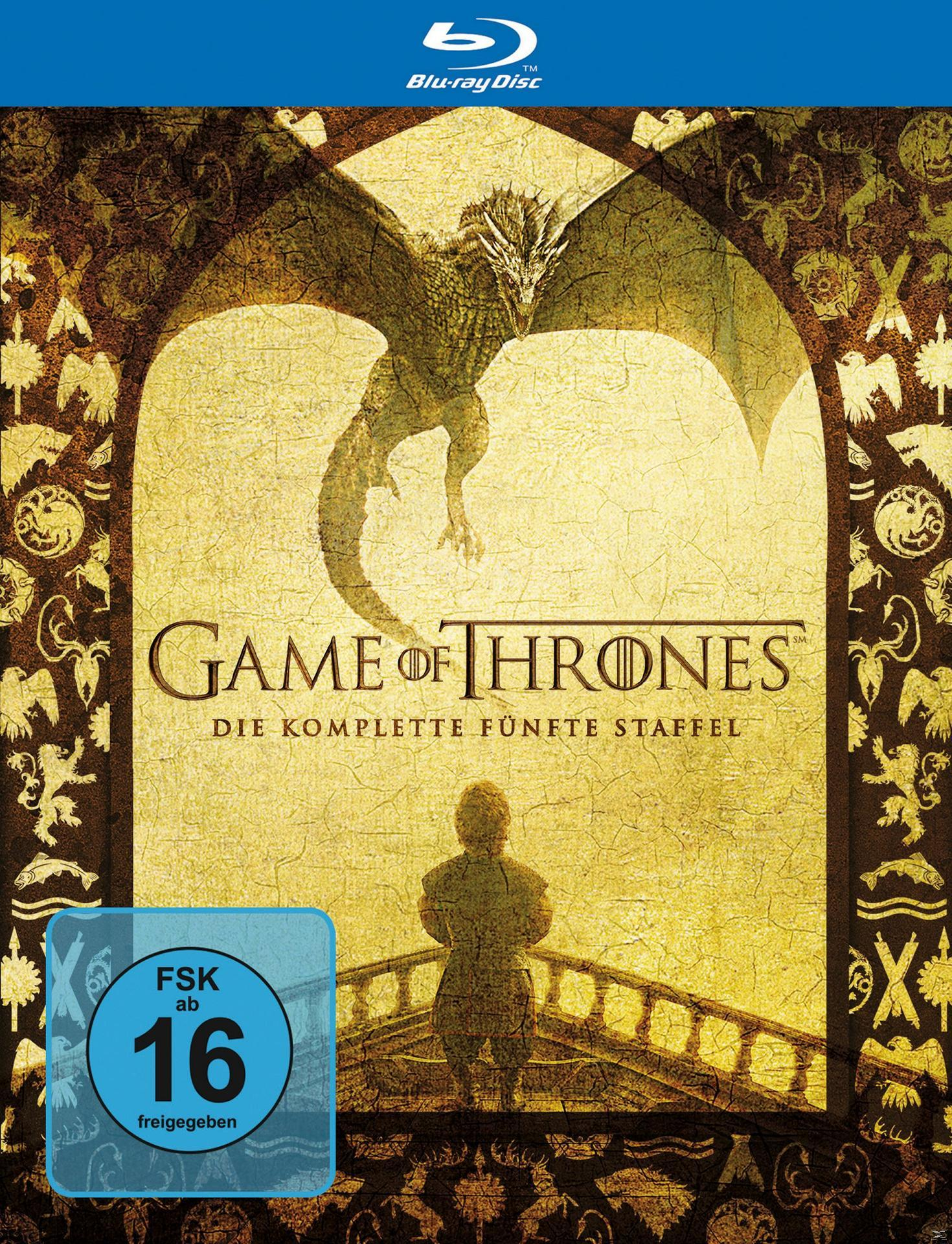 Game of Thrones Blu-ray Cover. Drache und Figur auf Brücke, goldener Hintergrund. FSK 16 Logo unten links.