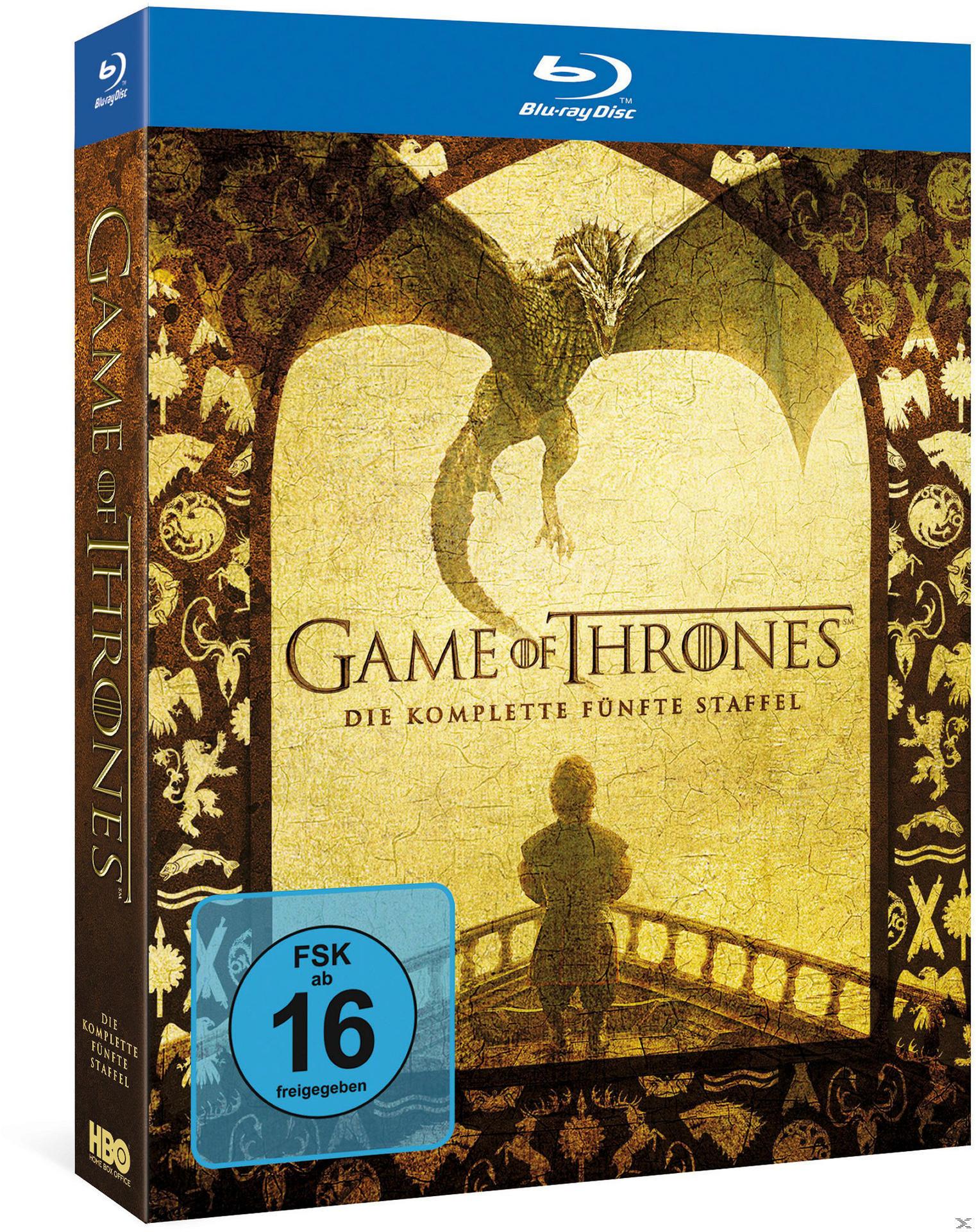 Blu-ray-Box-Set von Game of Thrones. Es zeigt einen Drachen und einen Mann auf einer Brücke.