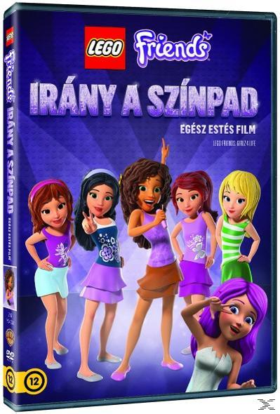 DVD borító: LEGO Friends. Hat rajzolt lány, lila/zöld ruhák, a színpadon.
