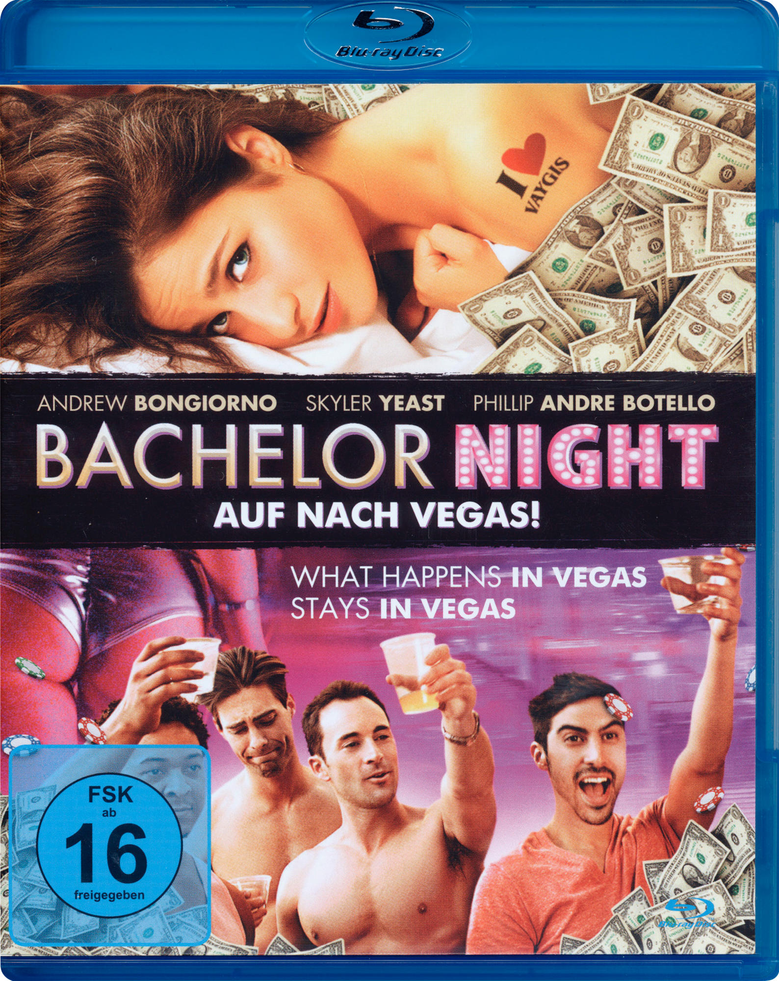 Blu-ray-Cover, Männer mit Getränken, eine Frau mit Tattoos, Text: Bachelor Night, Auf nach Vegas!