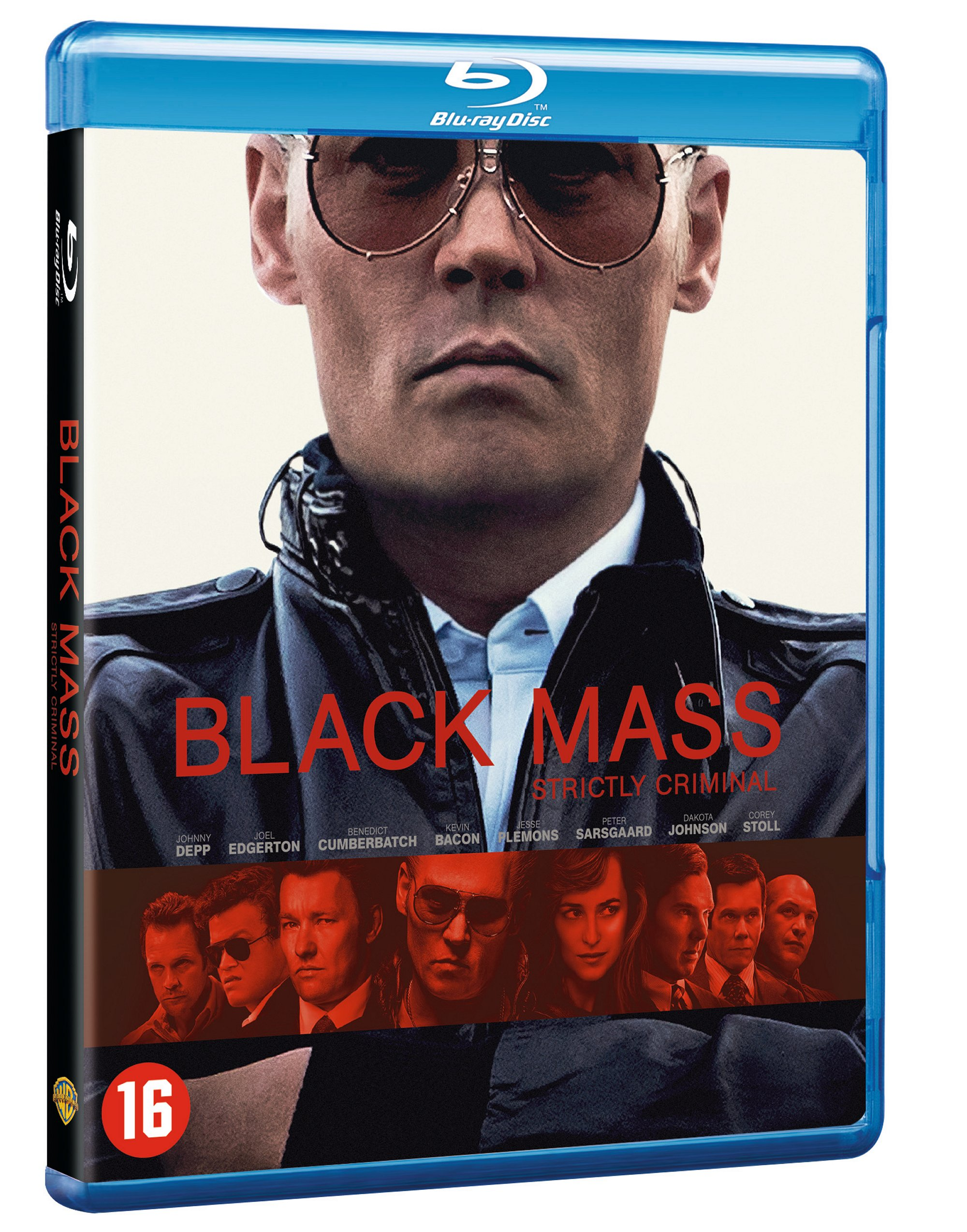 Couverture Blu-ray de 'Black Mass' avec le visage de Johnny Depp et les noms du casting.