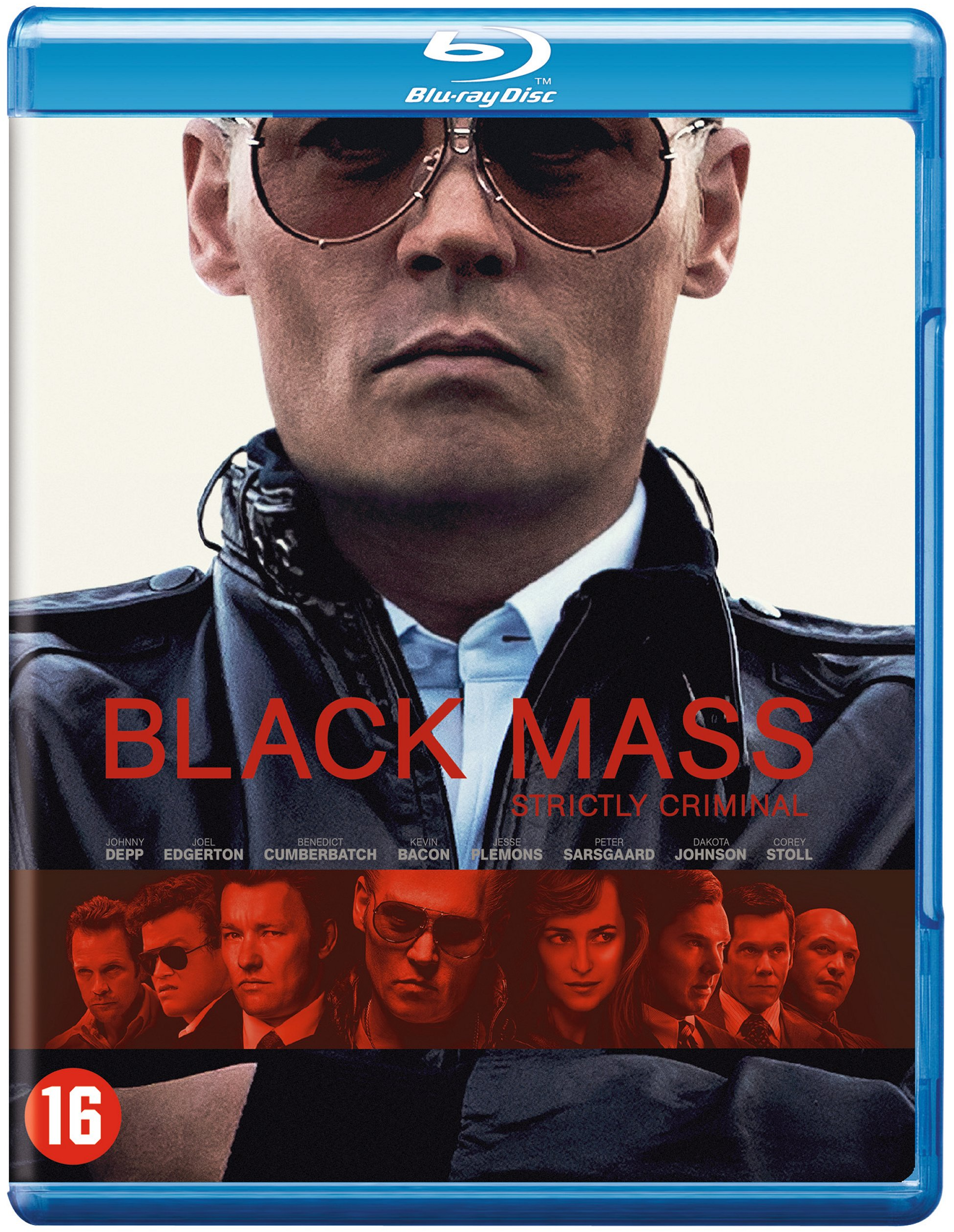 Couverture Blu-ray : Johnny Depp et d'autres acteurs. Titre Black Mass. Johnny Depp au centre.