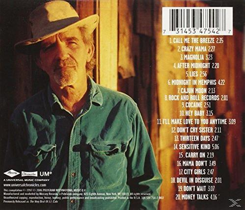 Albumcover: J.J. Cale. Mann mit Hut und grünem Hemd, Rückseite des Albums mit Trackliste und Text.