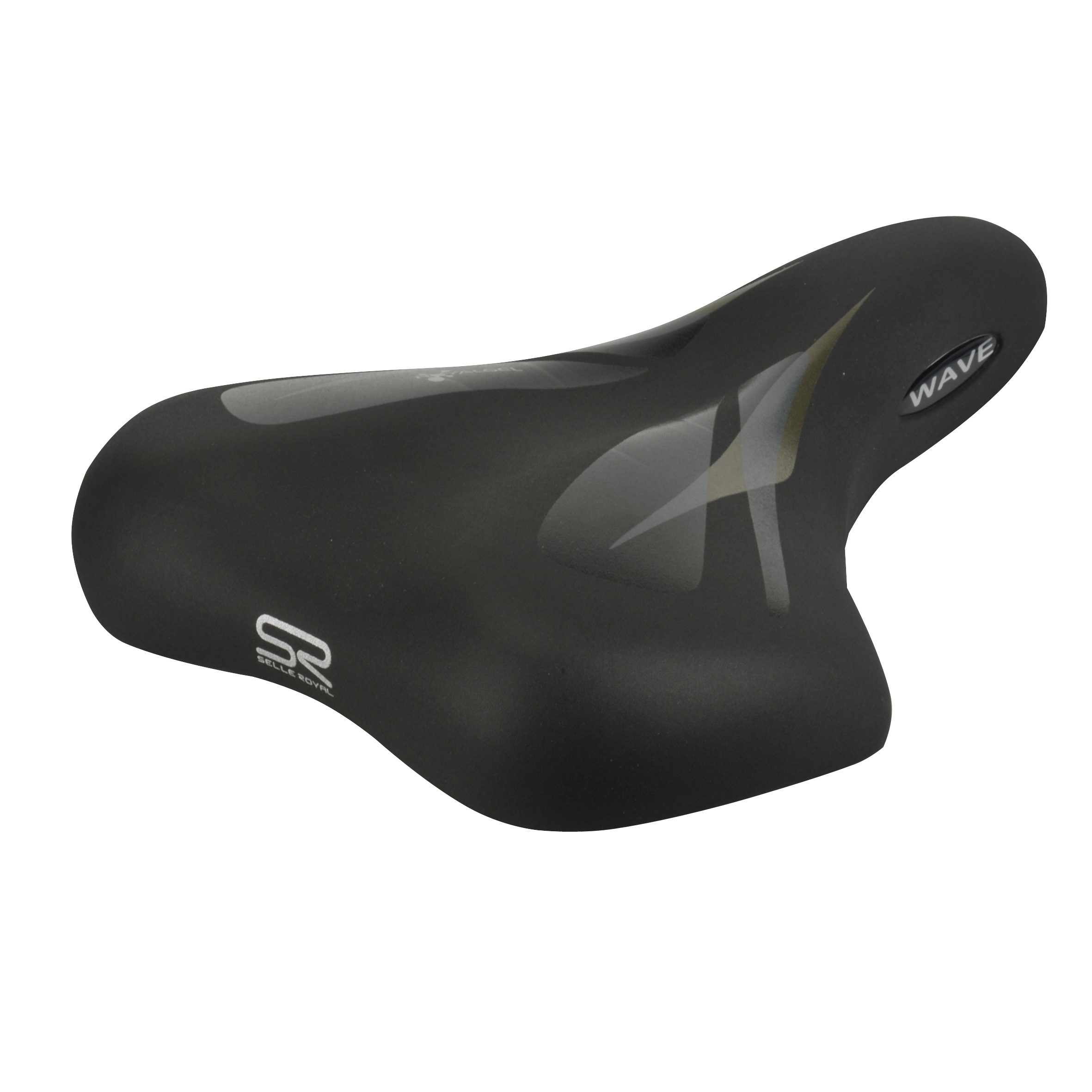 Schwarzer Fahrradsattel. Es hat ein gebogenes Design und ein silbernes und goldenes Design oben.