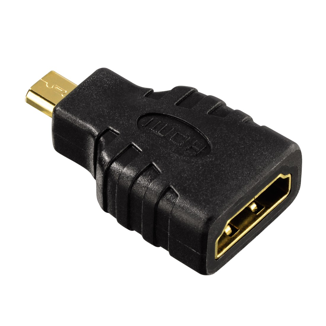Ein schwarzer und goldener HDMI-Adapter mit einem Steckeranschluss rechts und einer Buchse links.